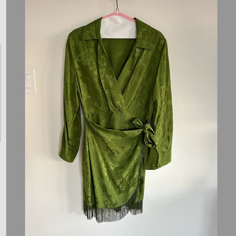 Zara green silk fringe mini dress size L